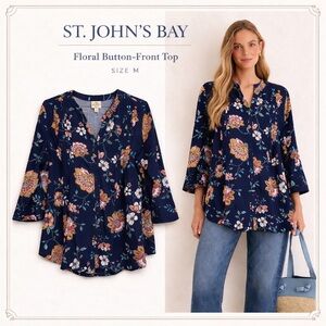 St John’s Bay Floral Boho Top Size M Navy Button Front Tunic 3/4 Sleeve